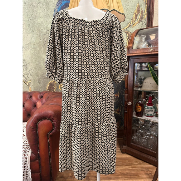 Polagram Boho Black Cream Floral Textured Puff Sleeve Tiered Babydoll Midi Dress - Picture 6 of 13